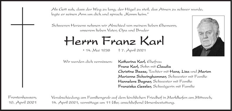Traueranzeige Franz Karl