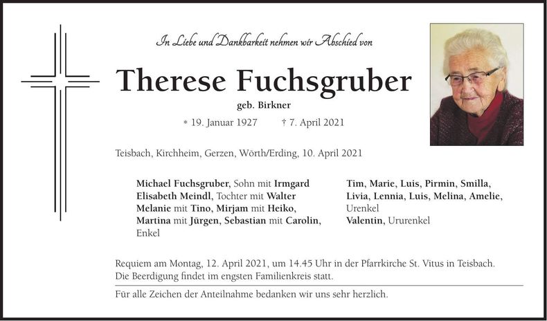 Traueranzeige Therese Fuchsgruber