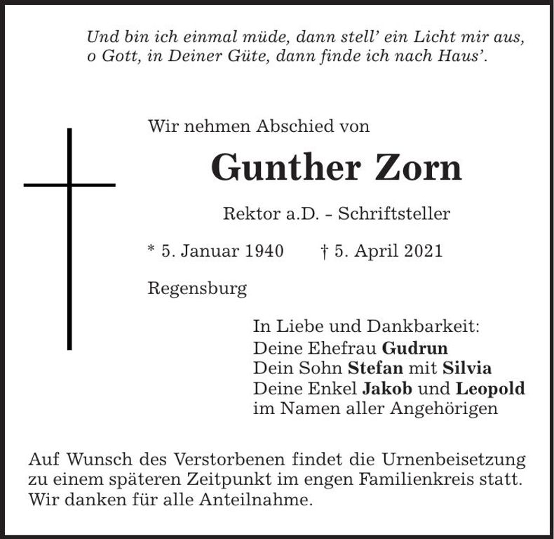 Traueranzeige Gunther Zorn
