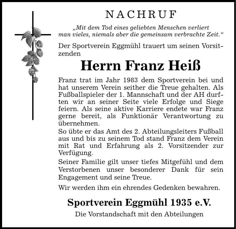 Traueranzeige Franz Heiß