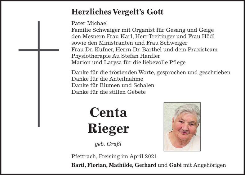 Traueranzeige Centa Rieger