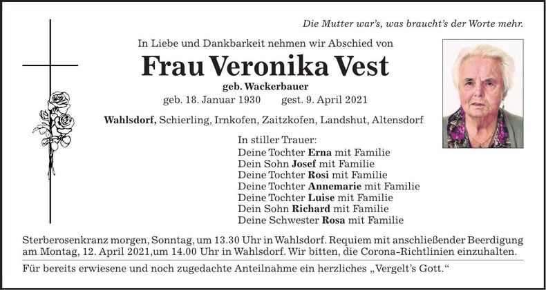 Traueranzeige Veronika Vest