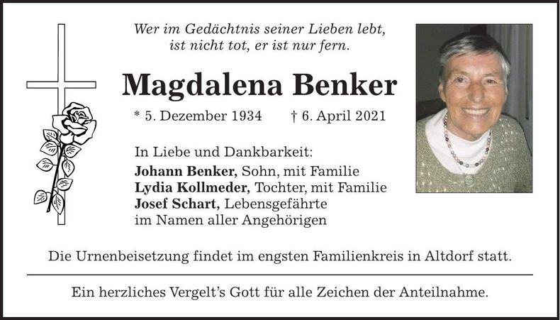 Traueranzeige Magdalena Benker