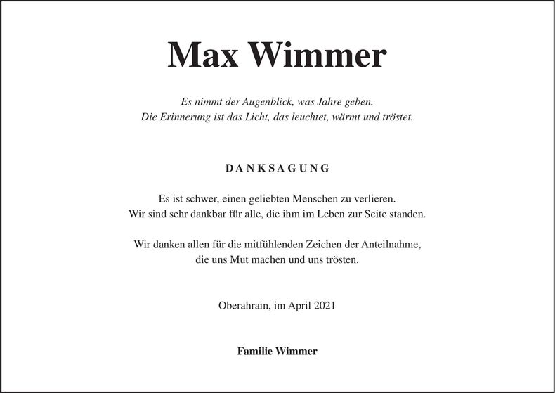 Traueranzeige Max Wimmer