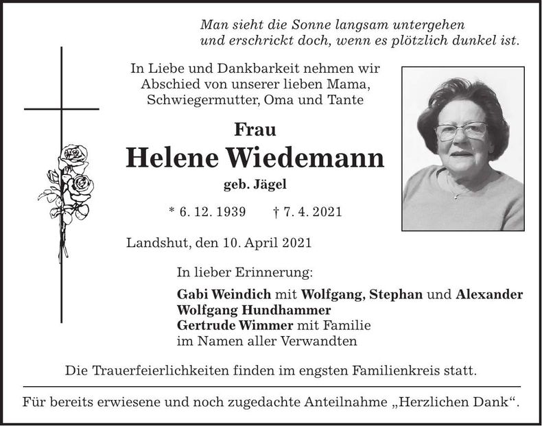 Traueranzeige Helene Wiedemann