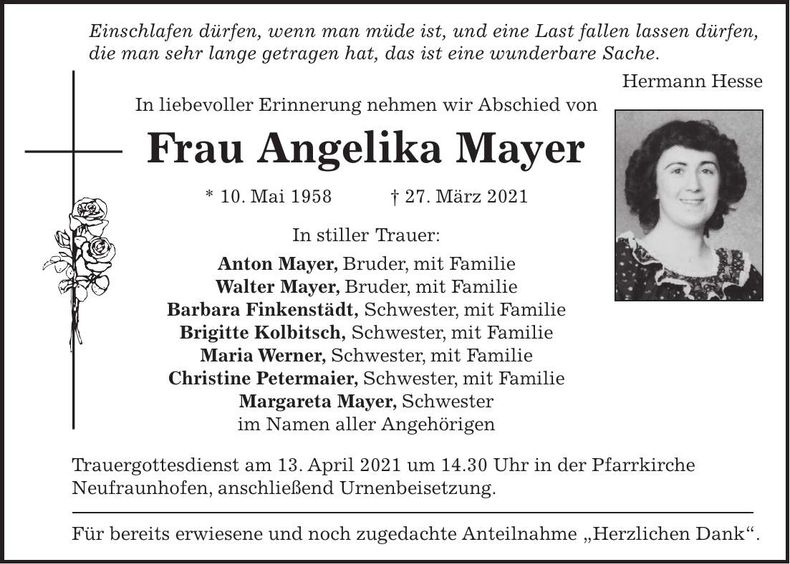 Traueranzeige Angelika Mayer