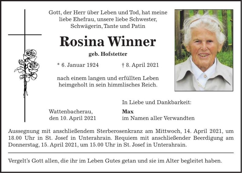 Traueranzeige Rosina Winner