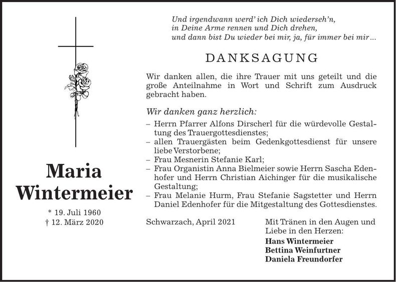 Traueranzeige Maria Wintermeier