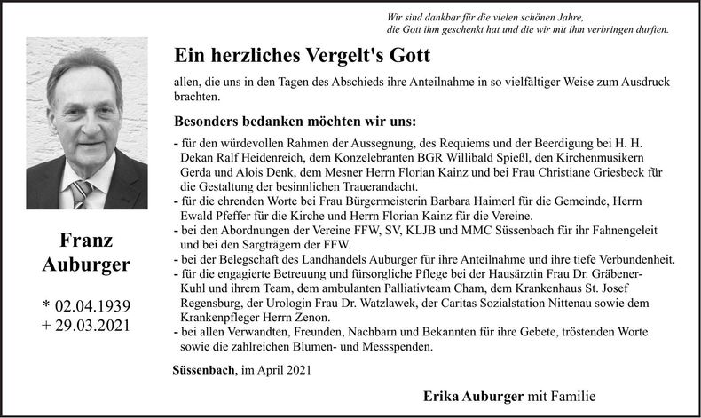 Traueranzeige Franz Auburger