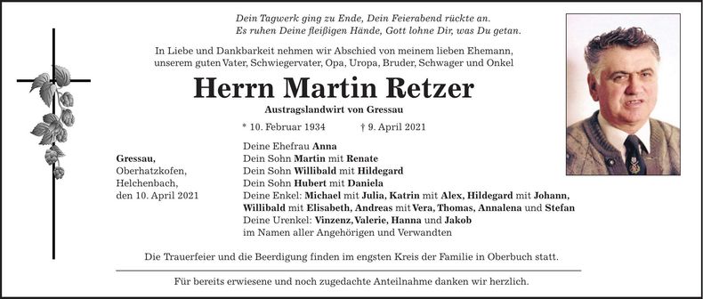 Traueranzeige Martin Retzer
