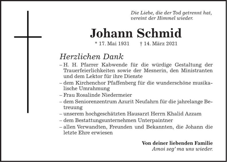 Traueranzeige Johann Schmid