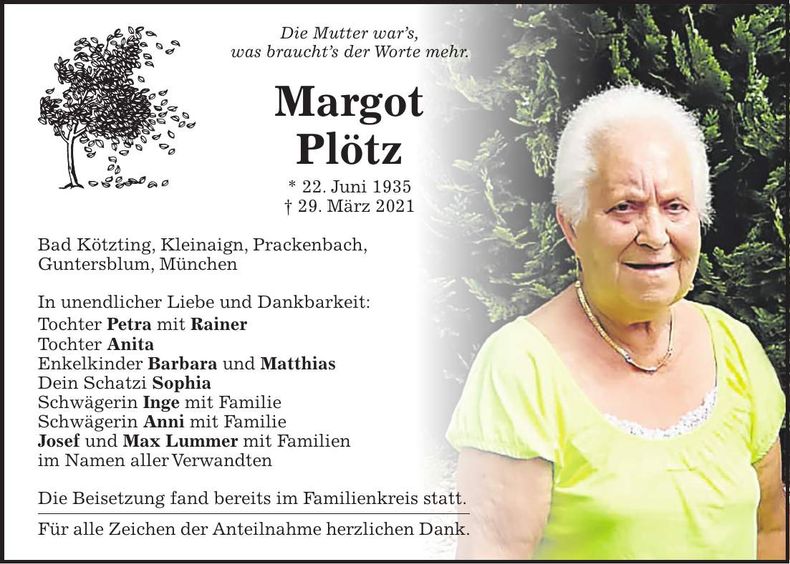 Traueranzeige Margot Plötz