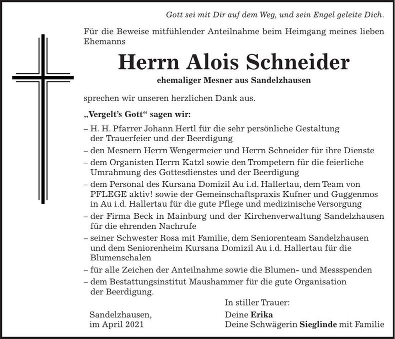Traueranzeige Alois Schneider