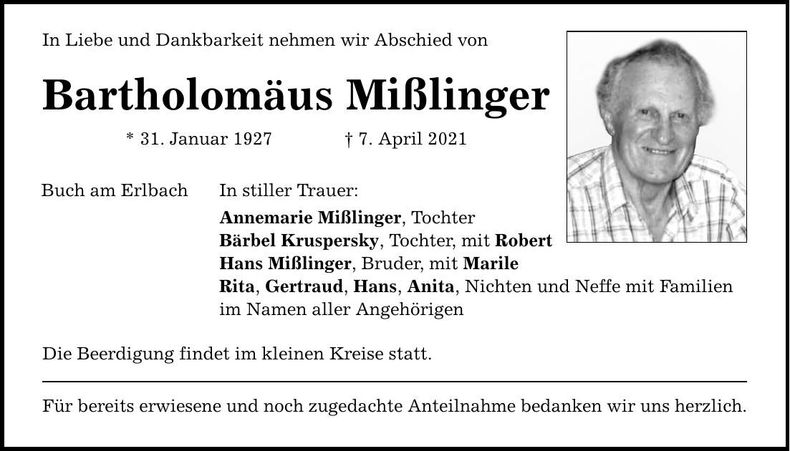 Traueranzeige Bartholomäus Mißlinger