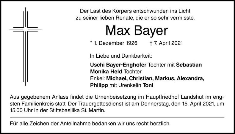 Traueranzeige Max Bayer
