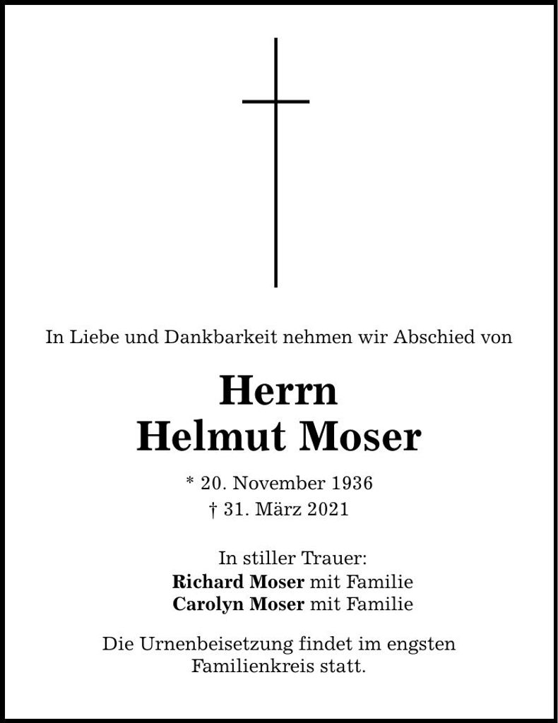 Traueranzeige Helmut Moser