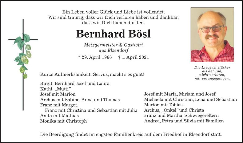 Traueranzeige Bernhard Bösl