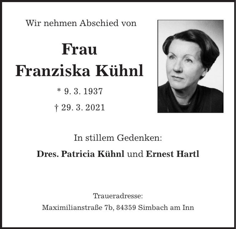 Traueranzeige Franziska Kühnl
