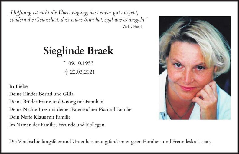 Traueranzeige Sieglinde Braek