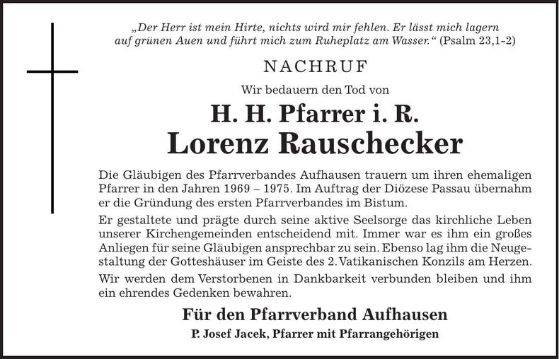 Traueranzeige H. H. Pfarrer i. R. Lorenz Rauschecker
