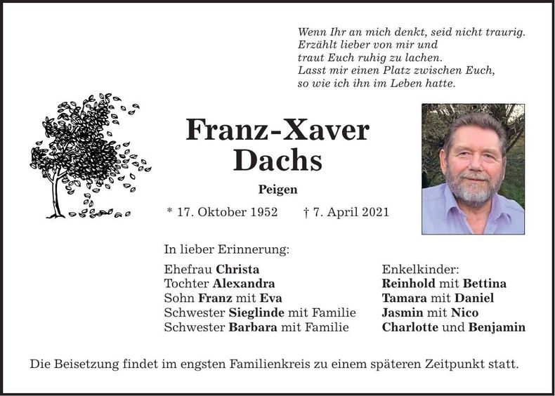 Traueranzeige Franz-Xaver Dachs