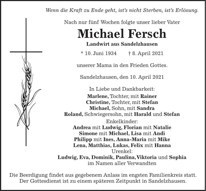 Traueranzeige Michael Fersch