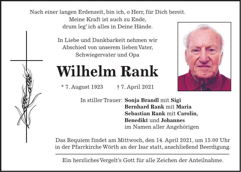 Traueranzeige Wilhelm Rank