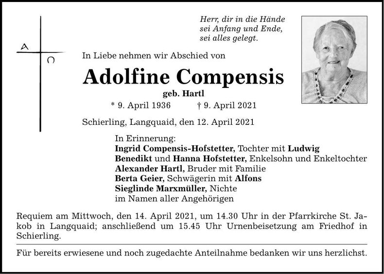 Traueranzeige Adolfine Compensis