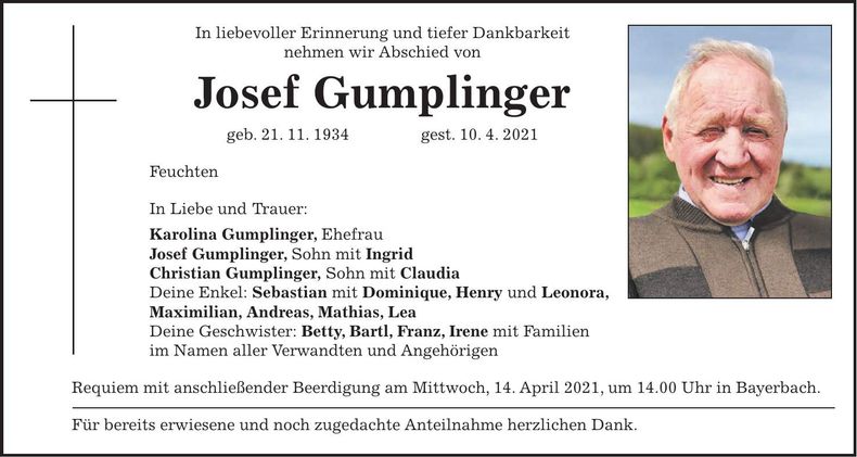 Traueranzeige Josef Gumplinger