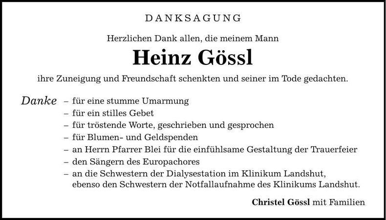 Traueranzeige Heinz Gössl