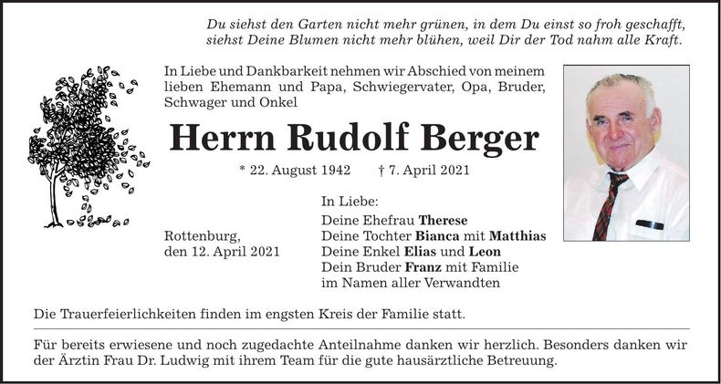 Traueranzeige Rudolf Berger