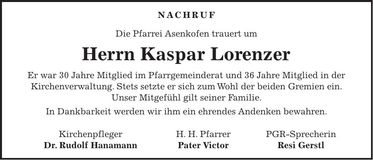Traueranzeige Kaspar Lorenzer