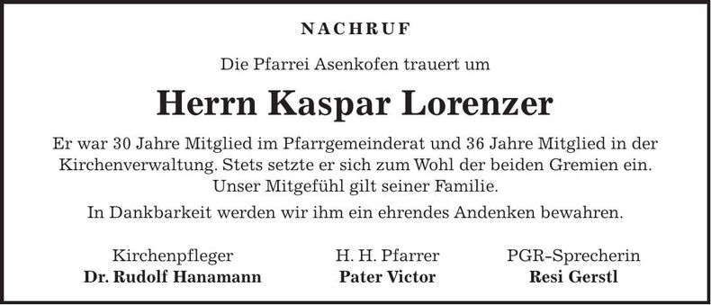 Traueranzeige Kaspar Lorenzer