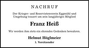 Traueranzeige Franz Heiß