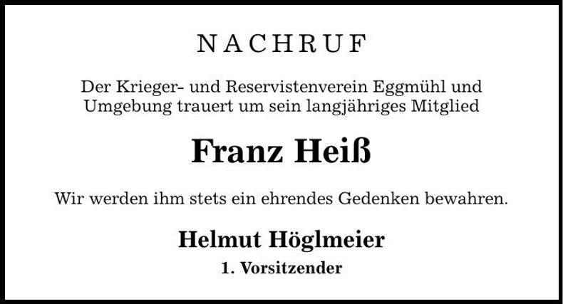 Traueranzeige Franz Heiß