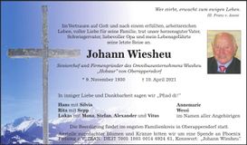 Traueranzeige Johann Wiesheu