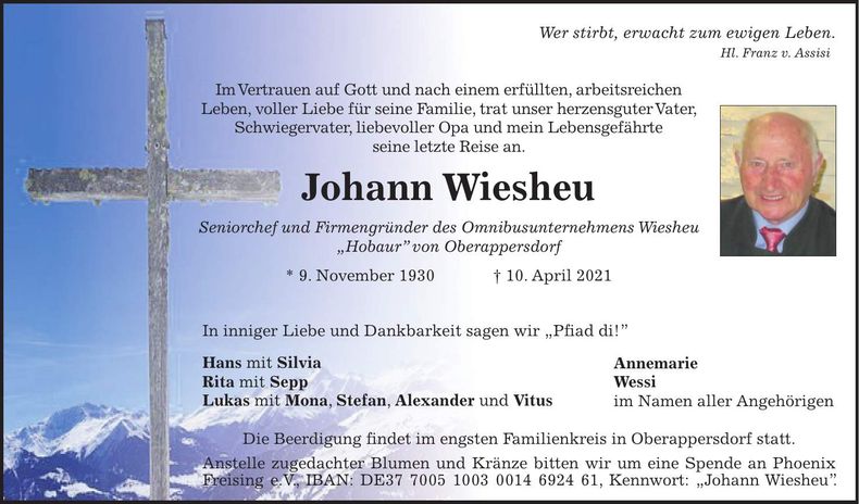 Traueranzeige Johann Wiesheu
