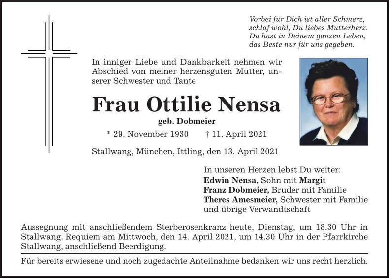 Traueranzeige Ottlilie Nensa