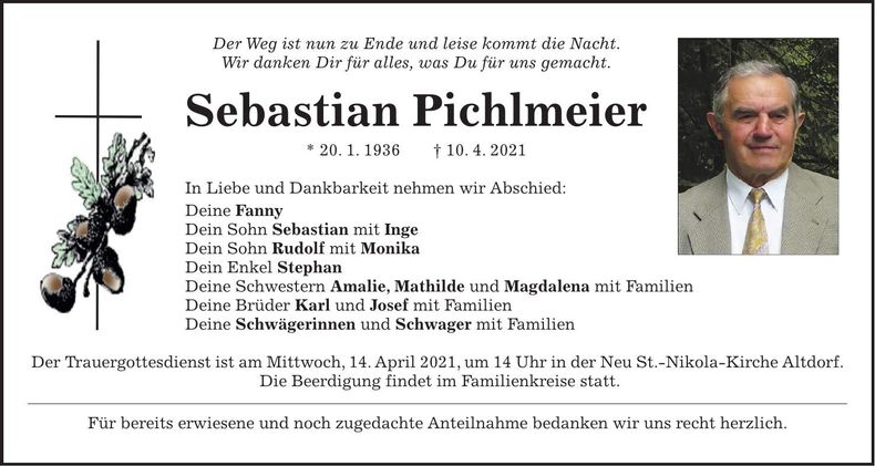 Traueranzeige Sebastian Pichlmeier