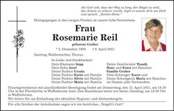 Traueranzeige Rosemarie Reil