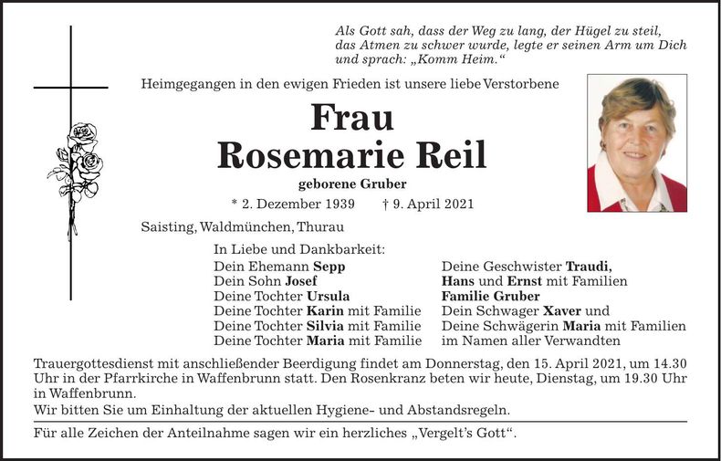 Traueranzeige Rosemarie Reil