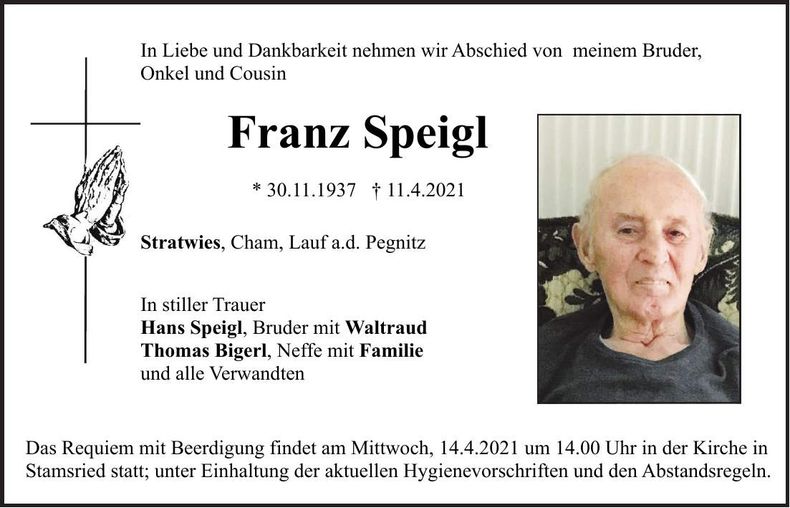 Traueranzeige Franz Speigl