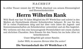 Traueranzeige Wilhelm Rank