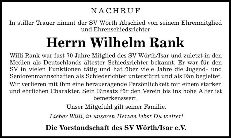 Traueranzeige Wilhelm Rank