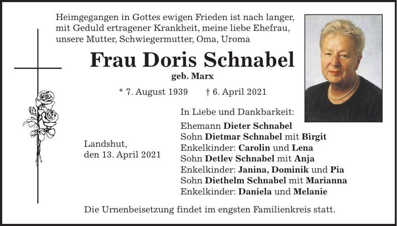Traueranzeige Doris Schnabel
