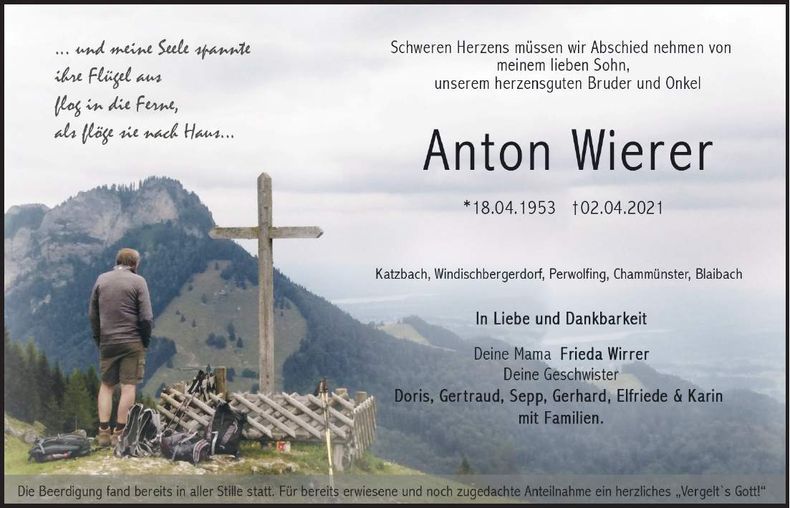 Traueranzeige Anton Wierer