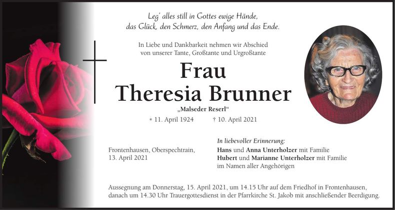Traueranzeige Theresia Brunner