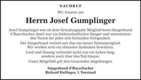 Traueranzeige Josef Gumplinger