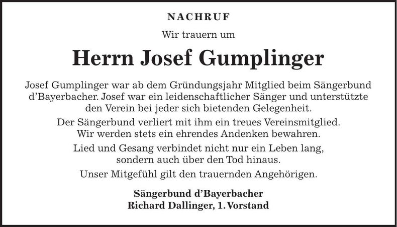 Traueranzeige Josef Gumplinger