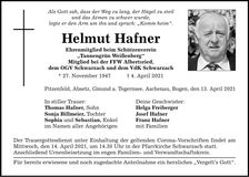 Traueranzeige Helmut Hafner